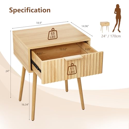 VINGLI Nightstands Set of 2, Fluted Night Stand with Drawer, Bedside Table, Wood Nightstand for Bedroom, Mid Century Modern End Tables, Natural Oak, 18.9" W*14.96" D*24" H - color: Oak, size: 19"W-1 Drawer