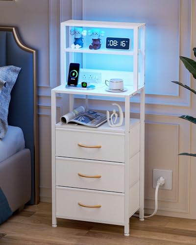 Tall Night Stand, White Bedside Nightstand with Charger Station | 4-Tier Shelves and 3 Fabric Drawers, LED Bed Side Tables with Charging Station, Tall Dresser for Bedroom, Hallway, Office - color: White, size: 3 Drawer