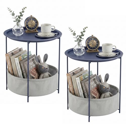 VECELO Round Side/End Table with Fabric Storage Basket，Metal Anti-Rust and Waterproof Small Bedside Nightstand with Removable Tray Top for Living Room，Balcony & Laundry，Blue /2pcs with Basket - color: Blue, size: 2 PCS with Basket