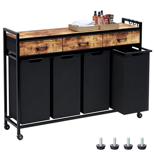 Timberer Laundry Hamper, Laundry Sorter 4 Sections, Rolling Laundry Basket with Wheels, 3 Drawers, 4 × 14.5 Gal (55 L), Pull-Out and Removable Oxford Fabric Bags, Black and Rustic Brown - color: Black + Rustic Brown, size: 4 Bags (54.3"L x 12.9"W x 39.6"H
