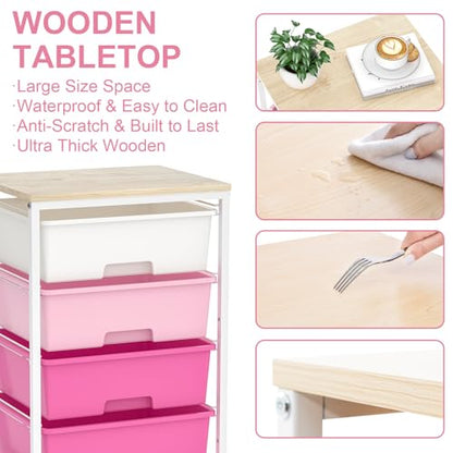 SYKIARIOL Rolling Cart with Drawers, 4-Drawer Utility Cart, Pink | 4 Tier Drawer Cart with Wooden Top for Home Office, Kid Room, Classroom Teacher, Dorm, - color: Dark Pink
