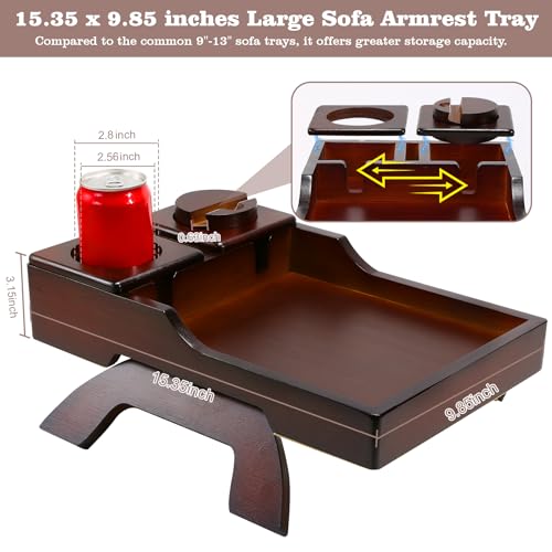 GHKINMAL Couch Cup Holder Tray, 15.4"x9.9" Large 4 in 1 Couch Armrest Table with 360°Rotated Phone Holder, Non-Slip Clip on Side Table for Drinks/Remote/Snacks, Ideal Gift for Husband, Wife, Parents - color: Walnut