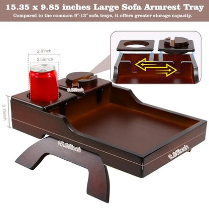 GHKINMAL Couch Cup Holder Tray, 15.4"x9.9" Large 4 in 1 Couch Armrest Table with 360°Rotated Phone Holder, Non-Slip Clip on Side Table for Drinks/Remote/Snacks, Ideal Gift for Husband, Wife, Parents - color: Walnut