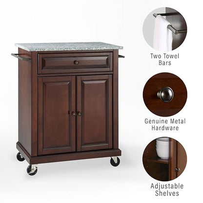 Crosley Furniture Compact Granite Top Small Rolling Cart with Shelves, Microwave Stand with Towel Rack, Mahogany - color: Mahogany, style: Gray Granite Top