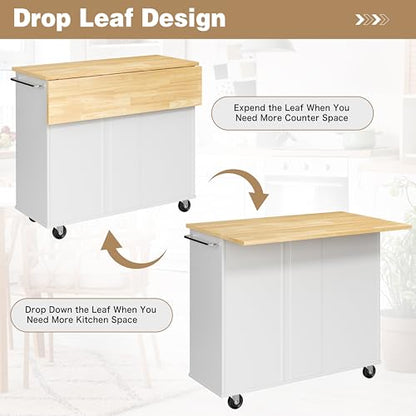 Shintenchi Kitchen Island with Folding Drop Leaf, Rolling Island Table with Storage, Kitchen Cabinet on Wheels with Seating Area for Kitchen, Bar Cart with Cabinet, White - color: White