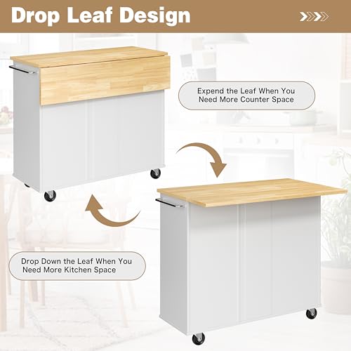 Shintenchi Kitchen Island with Folding Drop Leaf, Rolling Island Table with Storage, Kitchen Cabinet on Wheels with Seating Area for Kitchen, Bar Cart with Cabinet, White - color: White