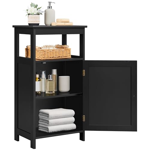 Yaheetech Small Bathroom Storage Cabinet with Door & Open Shelf, Black | Freestanding Slim Floor Cabinet Organizer, Hides Toilet Paper and Towels, Fits beside a Pedestal Sink, Adjustable Shelf, MDF - color: Black