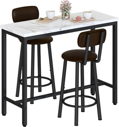 AWQM 3 Piece Bar Table Set of 2,39.3" Pub Bar Table and Chairs Set,Faux Marble Bar Height Table with 2 Backrest Stools,Small Dining Table for 2,Kitchen Table Set for Small Space,White & Brown(2 Set) - color: White