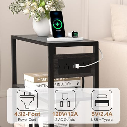 Small Narrow Side Table with Charging Station, Skinny End Table for Small Spaces, Slim Nightstand with Outlets, Sofa Bedside Table in Living Room, Bedroom, Study, Kitchen and Balcony(Grey) - color: Grey
