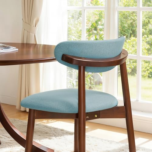 CHUN YI Dining Chairs Set of 6, Upholstered Solid Wood Dining Room Chairs, Mid Century Modern Fabric Kitchen Chairs with Ergonomic Curved Back, Blue (Only Chairs) - color: Blue, size: Set of 6