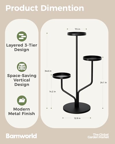 Bamworld 3 Tier Plant Stand Indoor Outdoor Metal Plant Shelf for Multiple Plants Pots Black