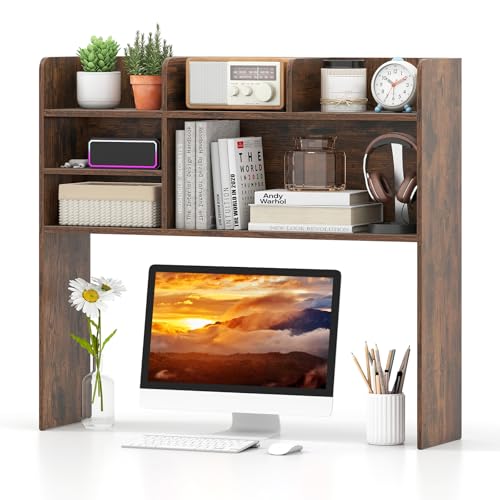 Tangkula Desktop Bookshelf for Computer Up to 32”, 37” Countertop Storage Hutch with 6 Storage Shelves, 3-Tier Desktop Organizer Display Rack, Wooden Desk Hutch for Dorm Home Office (Rustic Brown) - color: Rustic Brown, size: 6 Shelves