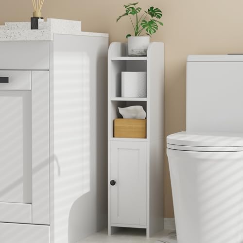 Homhedy Small Bathroom Storage Corner Floor Cabinet with Door and Shelves, Beside The Toilet Paper Stand for Skinny, Narrow Toilet Paper Cabinet, 7.9" D x 7.1" W x 31" H, White - color: White, size: 7.9"D x 7.1"W x 31"H