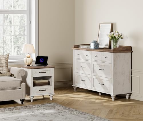 WAMPAT Side Table Nightstand with Charging Station & 2 Drawers, Farmhouse End Table for Living Room, Retro Night Stand Light Wood Bedside Table for Bedroom, Antique White - color: Antique White