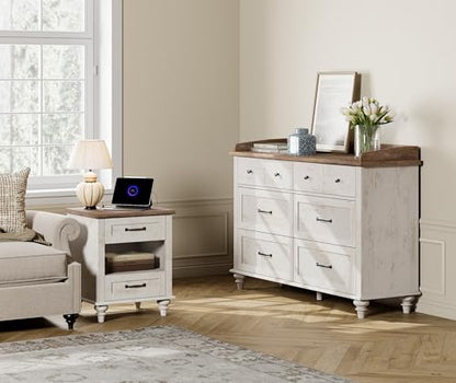 WAMPAT Side Table Nightstand with Charging Station & 2 Drawers, Farmhouse End Table for Living Room, Retro Night Stand Light Wood Bedside Table for Bedroom, Antique White - color: Antique White