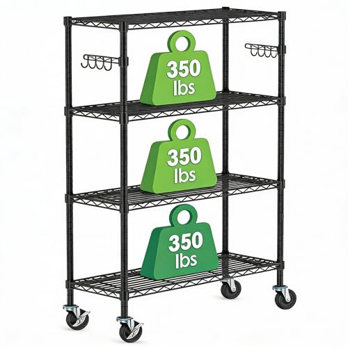 4 Tier Wire Metal Shelving Rack Garage Storage Rolling Shelves with Wheels | Heavy Duty Adjustable Industrial Shelving Steel Wire Organizer Rack for Kitchen Garage Pantry Office Bathroom - size: 4-Tier Metal Shelf（36L x 14W x 57H）