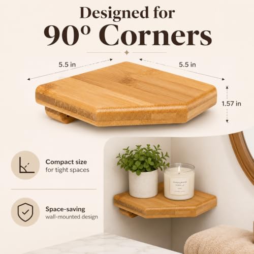 DECHOUS 5.5" Small Corner Shelf Wall Mounted, Natural Bamboo Floating Corner Shelves for Living Room, Wooden Round Rack for Security Camera & Plant