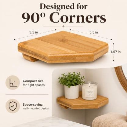 DECHOUS 5.5" Small Corner Shelf Wall Mounted, Natural Bamboo Floating Corner Shelves for Living Room, Wooden Round Rack for Security Camera & Plant