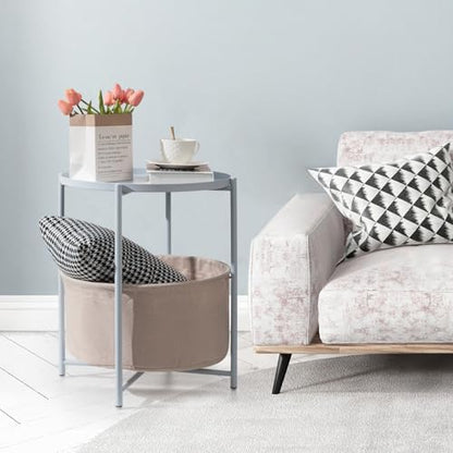 danpinera Small Round Side Table with Storage Basket, Removable Tray Top | Metal End Table for Small Space, Living Room, Bedroom, Nursery, Laundry, Modern Nightstand with Removable Tray, Blue-Gray - color: Blue Gray