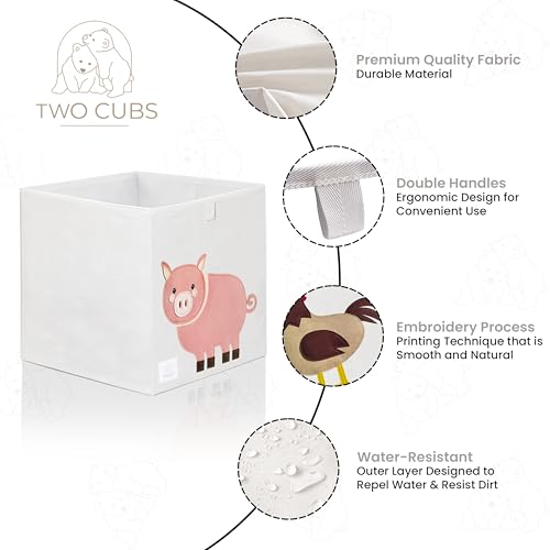 Two Cubs Foldable Kids Toy Storage Box - 13"x13" Cube Organizer Bin with Durable 2.6mm Plastic Plate Boards, Pig Design in White - Collapsible Nursery & Playroom Storage, Fits IKEA Kallax Shelves - color: Pig