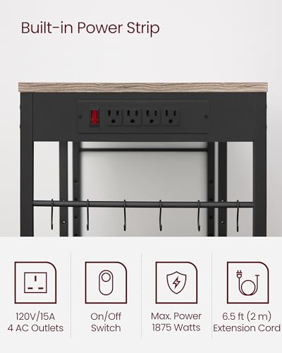 VASAGLE Baker's Rack, Coffee Bar Stand with Charging Station, 35.6 Inches Tall, Storage Shelves, Pull-Out Wire Basket, Table for Microwave, Kitchen, Heather Greige and Ink Black UKKS036K02 - color: Heather Greige + Ink Black, style: With Power Outlet