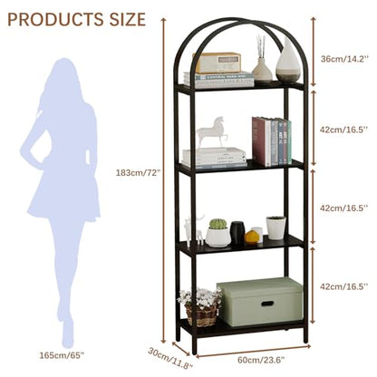 Bookshelf Arched Bookcase, 4 Tier Open Shelves with Metal Frame, Tall Freestanding Display Shelf for Home Office, Living Room,Easy Asssemble, Black - color: Black, size: 4 Tier Arched
