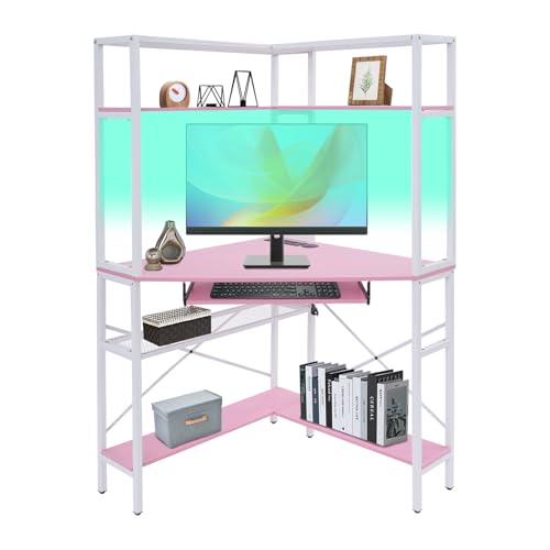 Corner Desk with Hutch, 90 Degrees Triangle Computer Desk w/Keyboard Tray & Bookshelves for Small Space Space Saving Writing Desk w/Storage Shelves for Bedroom Apartment (Pink) - color: Pink