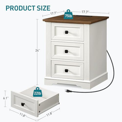 Night Stand with 3 Drawers, 18 Inch Wide End Table with Charging Station, Farmhouse Nightstand, Bedside End Tables Living Room, End Tables with Storage for Bedroom, White and Walnut - color: White and Walnut