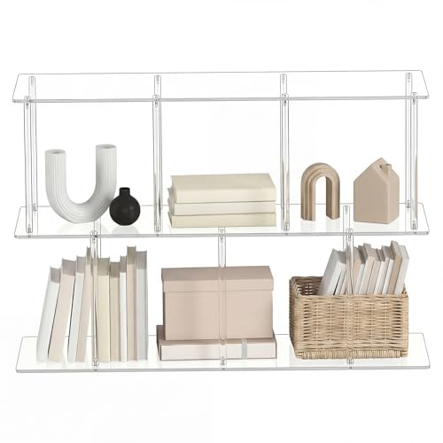 3-Tier Acrylic Clear Bookshelf 11.8''D X 47.2''W X 24.6''H Horizontal Bookshelf with Large Storage Cube Organizer Shelf Easy Assembly for Home Office Living Room Bedroom
