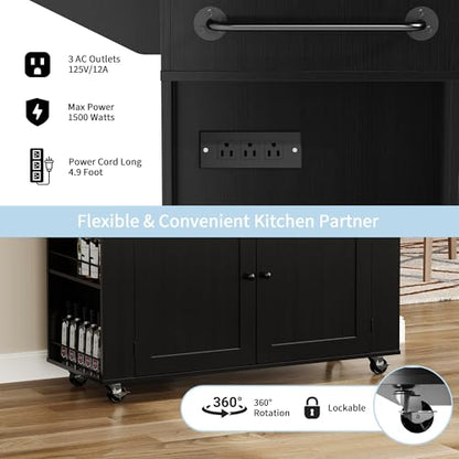 IDEALHOUSE Rolling Kitchen Island with Drop Leaf Countertop, Charging Station & Ample Storage - 47.2" Mobile Kitchen Cart On Wheels with Pull-Out Shelves, Drawers, Spice Rack & Organizer Divider