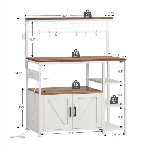TVU Bakers Rack with Power Outlet and LED Light, Microwave Stand with Storage Cabinet, Coffee Bar Cabinet Station with 6 Hooks for Kitchen, Dining Room, Living Room, Coffee Bar, Walnut, White - color: Walnut + White