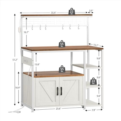 TVU Bakers Rack with Power Outlet and LED Light, Microwave Stand with Storage Cabinet, Coffee Bar Cabinet Station with 6 Hooks for Kitchen, Dining Room, Living Room, Coffee Bar, Walnut, White - color: Walnut + White