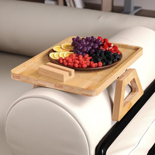 Couch Arm Tray with 360°Phone,Bamboo Folding Sofa Tray,Sofa Armrest Trays Clip-On Couch Desk for Drinks,Snacks,Phone,Remote Control（Natural） - color: Natural, style: 13.0" x 9.4"Phone Holder