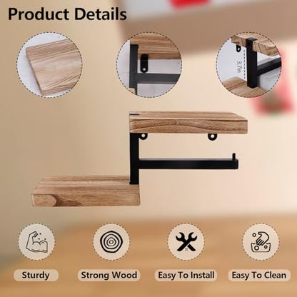 Wood Toilet Paper Holder with Shelf, Wall Mount Paper Roll Holder with Double Shelves, Farmhouse Wooden Bathroom Accessories, Home Apartment Washroom Restroom Decor Essentials (Walnut)