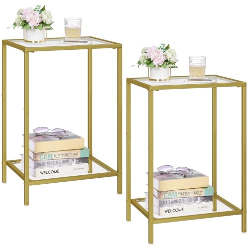 HOMSHO Side Tables Set of 2, End Tables with Tempered Glass, 2-Tier Nightstands with Storage Shelves, Coffee Table with Modern Style, Slim Sofa Table for Living Room, Bedroom, 11.8" D x 15" W, Gold - color: Gold, size: 11.8"D x 15"W x 23.6"H