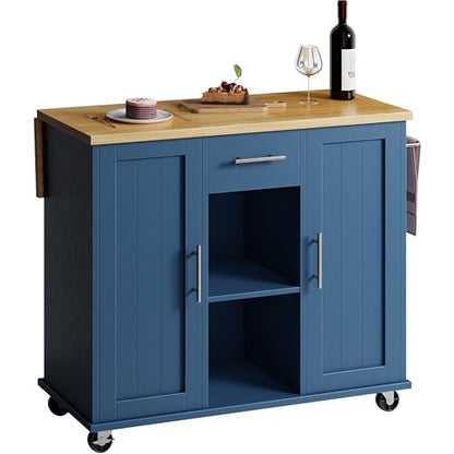 SUNLEI Rolling Kitchen Island Cart with Wheels, Island Table for Kitchen, Farmhouse Kitchen Cart with Drop Leaf & Towel Rack & Drawer, Kitchen Islands Table with Storage Cabinet, Blue - style: Blue
