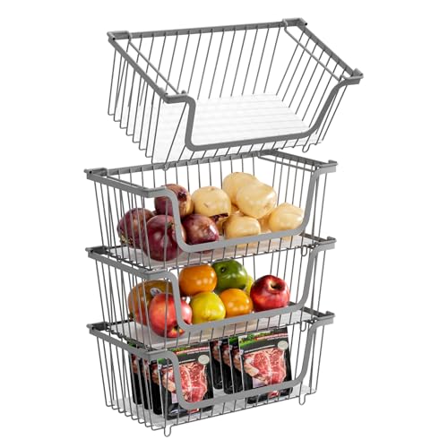 GAOKASE 4 Pcs Stackable Wire Baskets for Pantry Organizers and Storage,Vegetable Fruit Basket for Countertop,Kitchen Storage Metal Baskets,Produce Potato Onion Storage Bin,Gray - color: 1-Gray