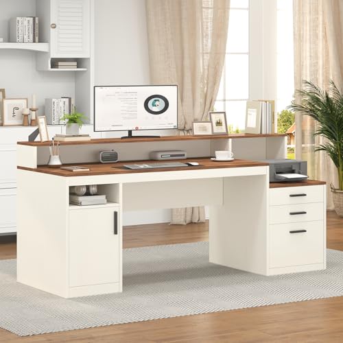 YOMILUVE 65 Inch Computer Desk with 3 Drawers & Storage Shelves, Executive Desk with File Drawer & Cabinet, Home Office Desk with Long Monitor Stand & Printer Shelf, Antique White - color: Antique White