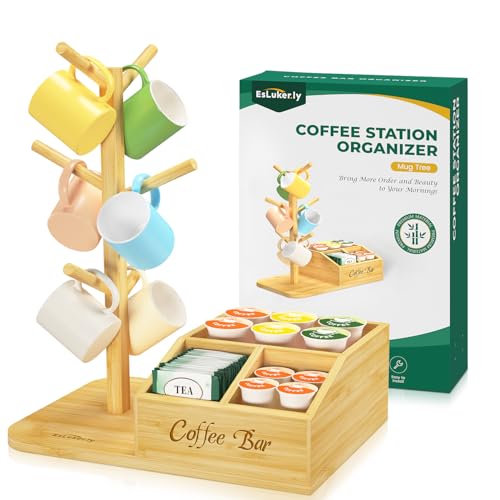 EsLuker.ly Mug Tree Holder Stand, Countertop Bamboo Coffee Cup Organizer Rack for Kitchen Office, Space-Saving Coffee Station Bar Organizer with 6 Hooks, Modern Design Enhances Decor - color: Bamboo