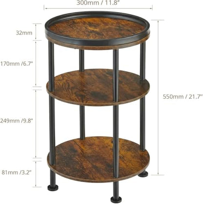 Small Round Side Table with Tray Top, Rustic Brown | Patented Design, 11.8" Narrow End Table for Small Spaces, 3-Tier Industrial Accent Table for Living Room Bedroom Nightstand - color: Rustic Brown, style: Classic