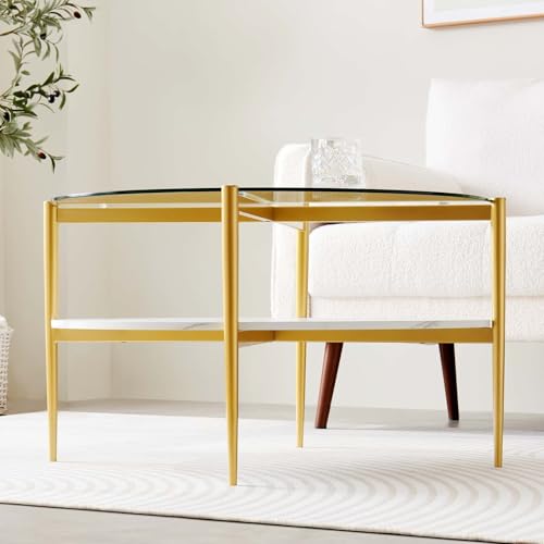 LumFurn Round Coffee Table for Living Room, Mid-Century Modern Design, D30 x H17, 2-Tier Structure, Clear Glass Top and White Marble Finish Wood Shelf, Sleek Conical Metal Legs with Gold Finish Frame - color: Clear & White Marble, size: D30" Round Coffee