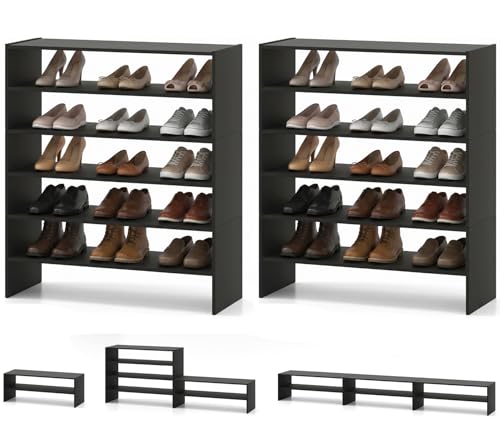 POWERSTONE 6-Tier Stackable Shoe Rack, 3-in-1 Shoe Shelves, (2, Black) | Free Standing Adjustable Shoe Storage Organizer for 18 Pairs, 31'' Wide Wood Shoe Shelf for Closet, Entryway, Living Room - color: Black, size: 2 Pack
