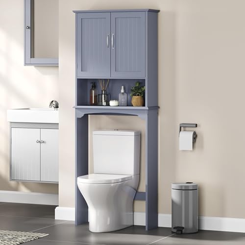 Yaheetech Over The Toilet Bathroom Cabinet with 2 Doors & Adjustable Shelf, Free Standing Toilet Rack Space-Saving, L24.5xW9xH66 Inches, Grey - color: Grey