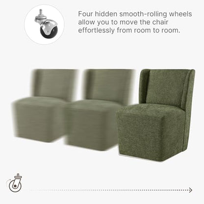 KISLOT Upholstered Dining Chairs Set of 2 with Casters, Wingback Modern Side Armless Deskchair with Rollers for Diningroom Bedroom Livingroom Reading Room, Green Fabric - color: A Green Fabric, size: Set of 2