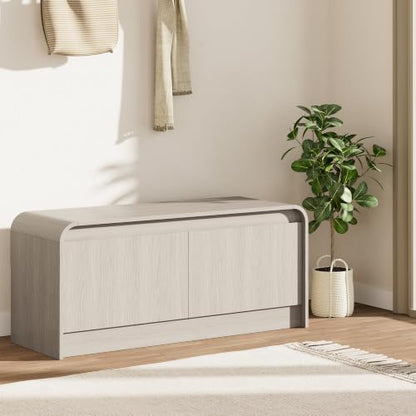 Homleke Modern Curved Entryway Shoe Storage Bench | 39.4" Wooden Shoe Cabinet with Doors, Hidden Handle Design, Holds 8 Pairs, for Bedroom & Living Room, Light Gray Oak