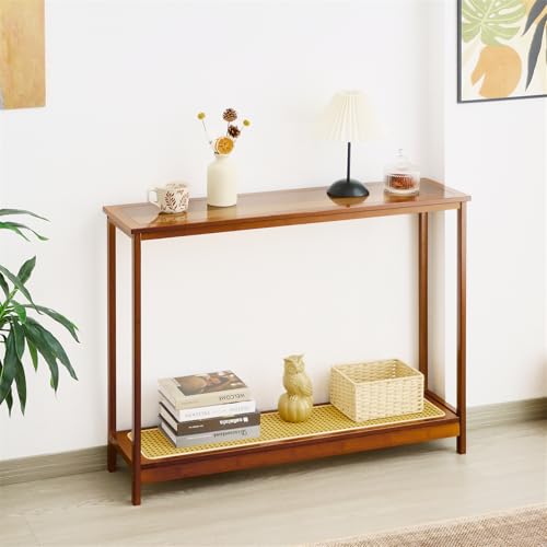 Bamboo Narrow Console Table, 39.4"(L) Wood Small Entryway Table with Rattan and Glass, Accent Slim Hallway Tables, Thin Sofa Side Tables for Hallway, Living Room, Bedroom, Foyer, Walnut - color: Walnut 39.4"(l)