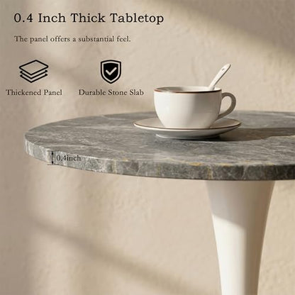 27.6" Marble Round Tulip Table, Mid-Century Modern Style Dining Table with White Pedestal Base for 2-4 People, Featuring A Marble Tabletop for Kitchen, Dining Room, Cafe (Dark Grey) - color: Dark Grey#white