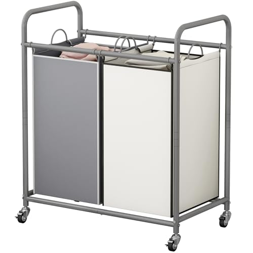 SUOERNUO Laundry Hamper Basket 2 Bag Laundry Sorter Cart with Rolling Lockable Wheels and Removable Bags Laundry Organizer Cart for Clothes Storage (Grey+Beige, 2 Bags) - color: Grey+Beige