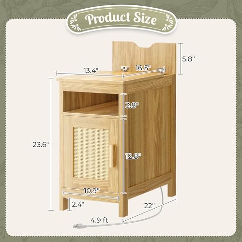 Huuger Narrow Night Stand, End Table with Charging Station, USB-C Port, Rattan Side Table with Cabinet and Open Shelf, Synthetic Rattan, for Small Spaces, Bedroom, Natural Wood - color: Natural Wood
