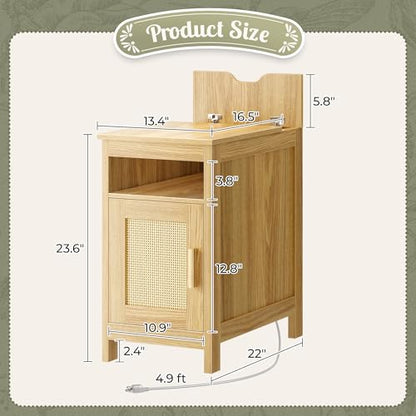 Huuger Narrow Night Stand, End Table with Charging Station, USB-C Port, Rattan Side Table with Cabinet and Open Shelf, Synthetic Rattan, for Small Spaces, Bedroom, Natural Wood - color: Natural Wood
